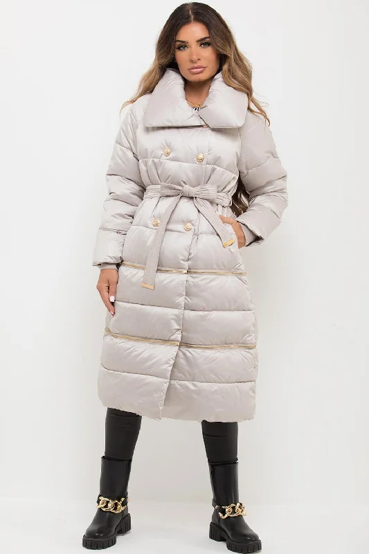 Beige Longline Puffer Coat With Gold Buttons