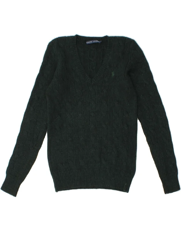 RALPH LAUREN Womens V-Neck Jumper Sweater UK 12 Medium Green Wool