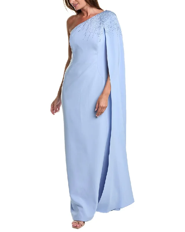 Limited Availability Teri Jon by Rickie Freeman One-Shoulder Cape Sleeve Column Gown