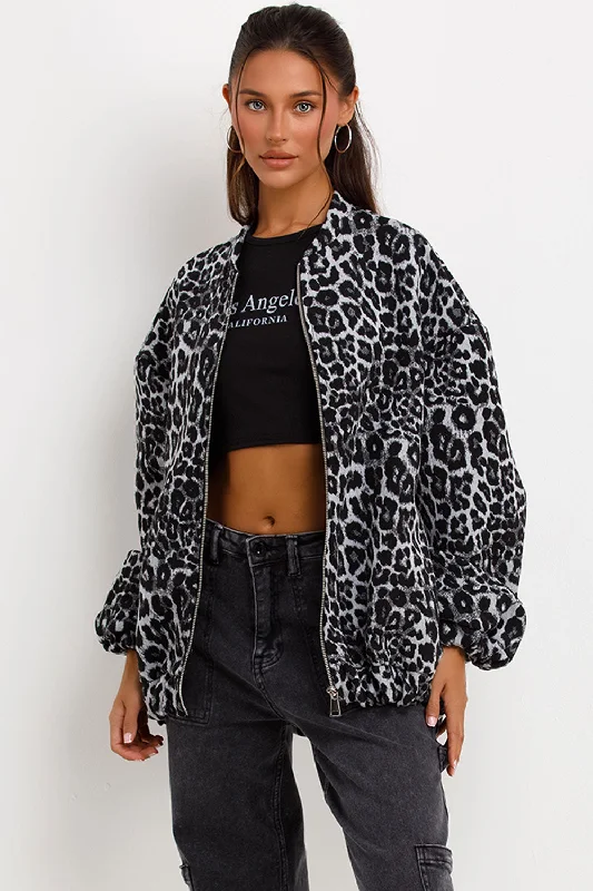 Leopard Print Bomber Jacket Grey