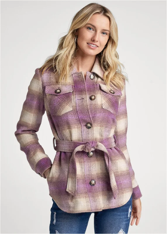 Midnight Madness Plaid Shacket With Belt - Purple Multi