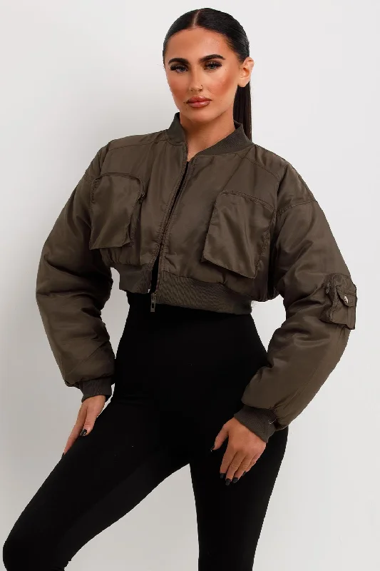 Crop Bomber Jacket With Pockets Khaki