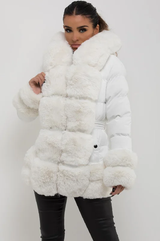 Overstock Puffer Jacket With Fur Hood Cuff And Trim White