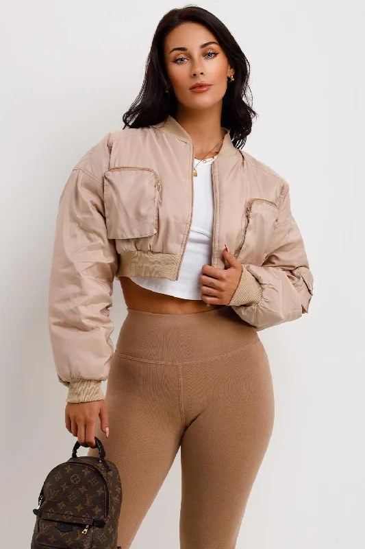 Crop Bomber Jacket With Pockets Beige