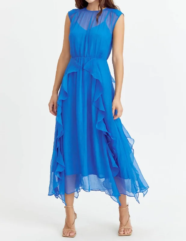 Don't Miss Rosalie Cascading Ruffled Midi Dress In Sea Blue