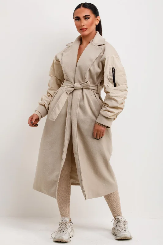 Beige Long Wrap Coat With Ruched Sleeves