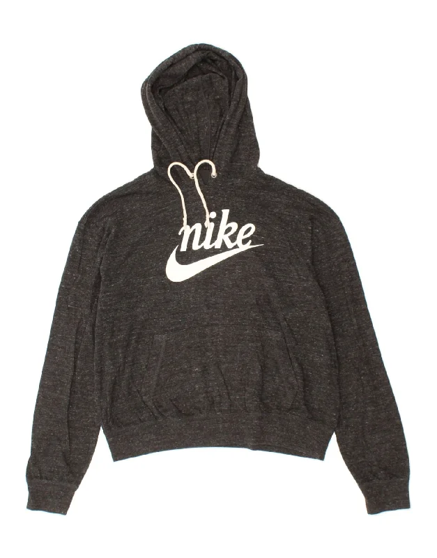 NIKE Womens Graphic Crop Hoodie Jumper UK 14 Medium Grey Flecked Cotton