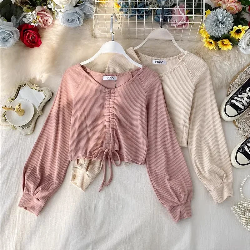 Don't Miss sexy short crop top design V-neck style long-sleeved T-shirt      S4129