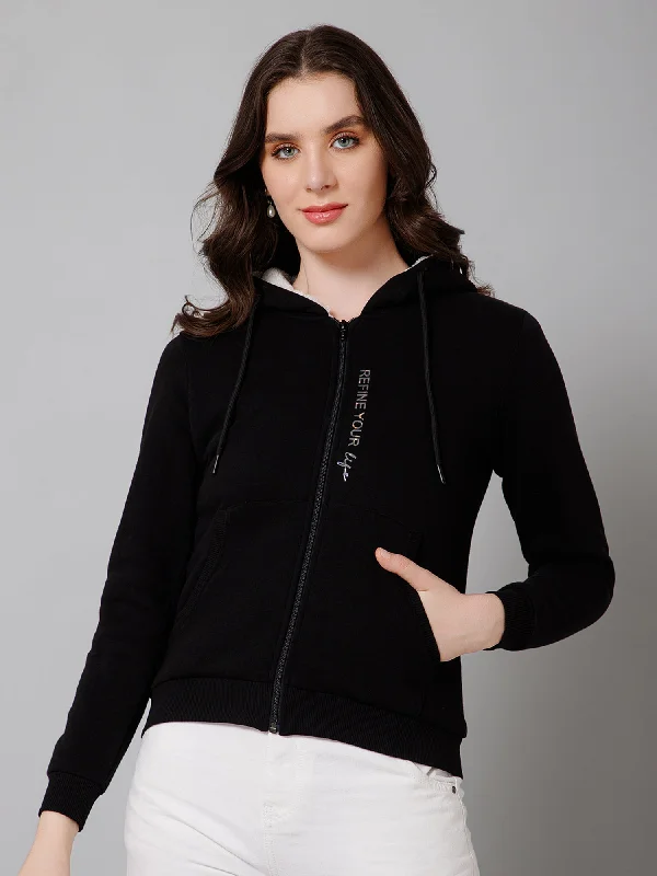 Weekend Flash Sale Women's Casual  Black Regular Full Sleeve Zipthru Hoodie Fleece Sweatshirt