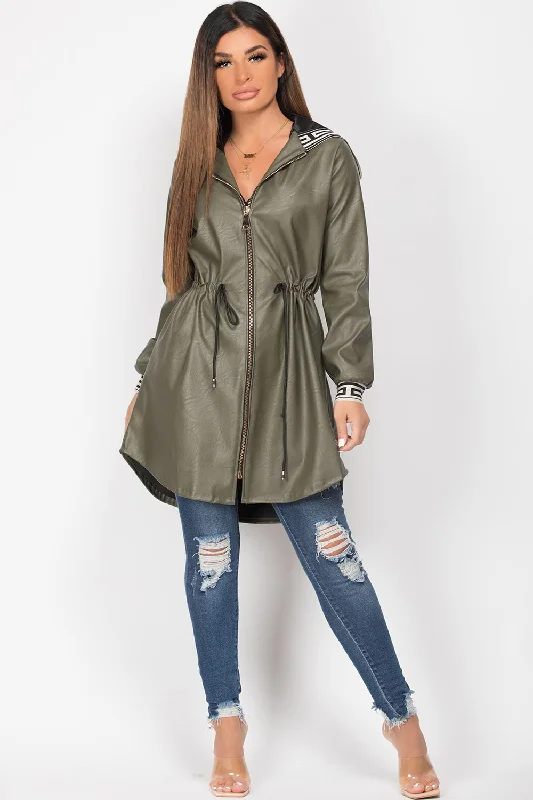 Take Advantage Khaki Faux Leather Drawstring Waist Hooded Jacket