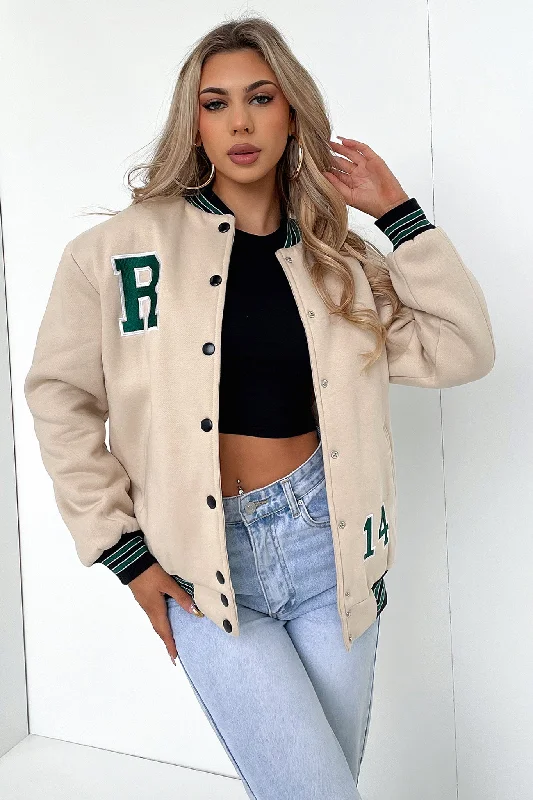Discount Extravaganza Varsity Oversized Jacket - Tan / Emerald