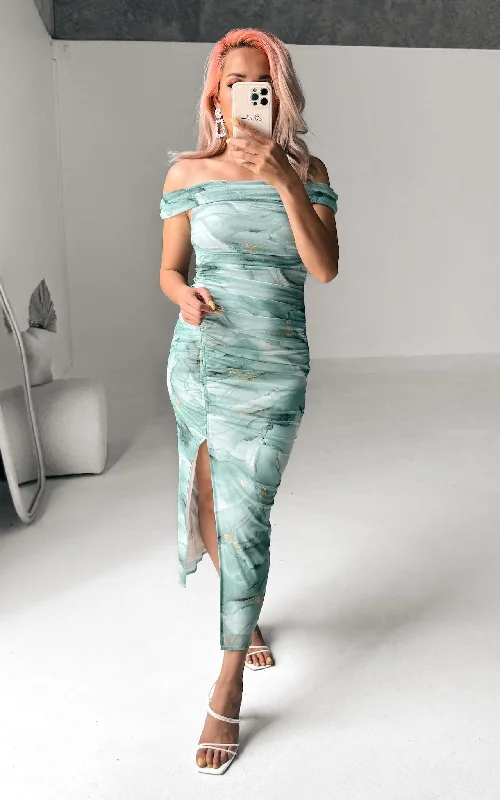 Friends and Family Sale Elka Mesh Midi Dress - Green Gold Marble Print