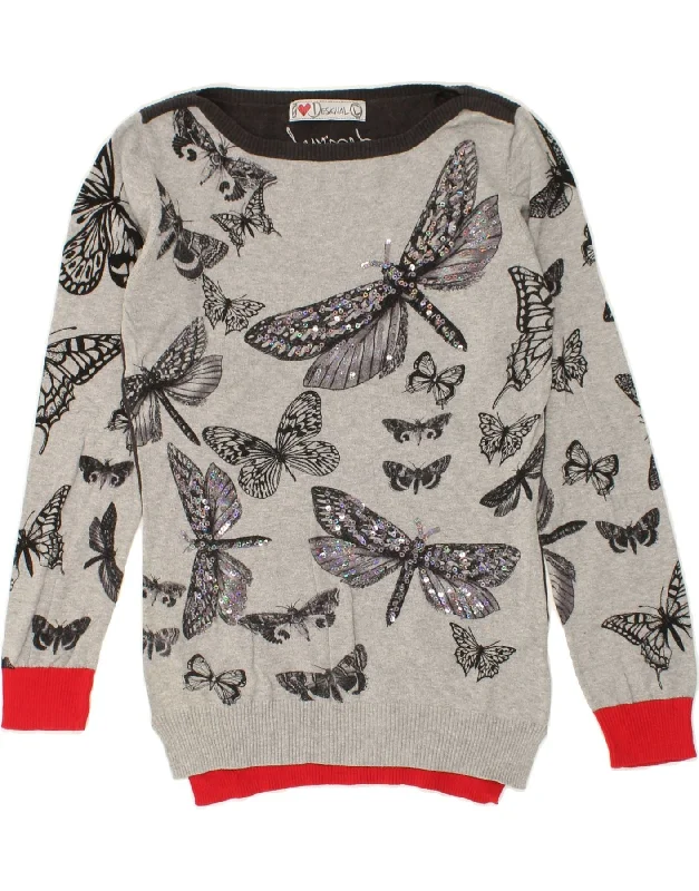 Hurry In DESIGUAL Womens Graphic Boat Neck Jumper Sweater UK 14 Large Grey