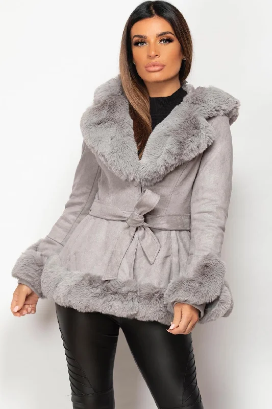 Crazy Deals Grey Faux Fur Faux Suede Hooded Belted Coat