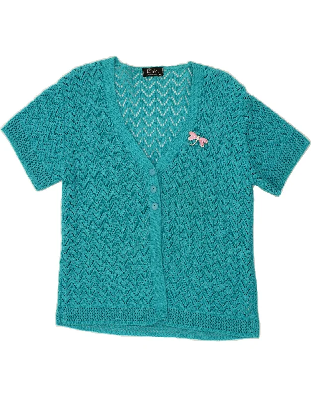 Closeout VINTAGE Womens Short Sleeve Cardigan Sweater UK 18 XL Turquoise Cotton