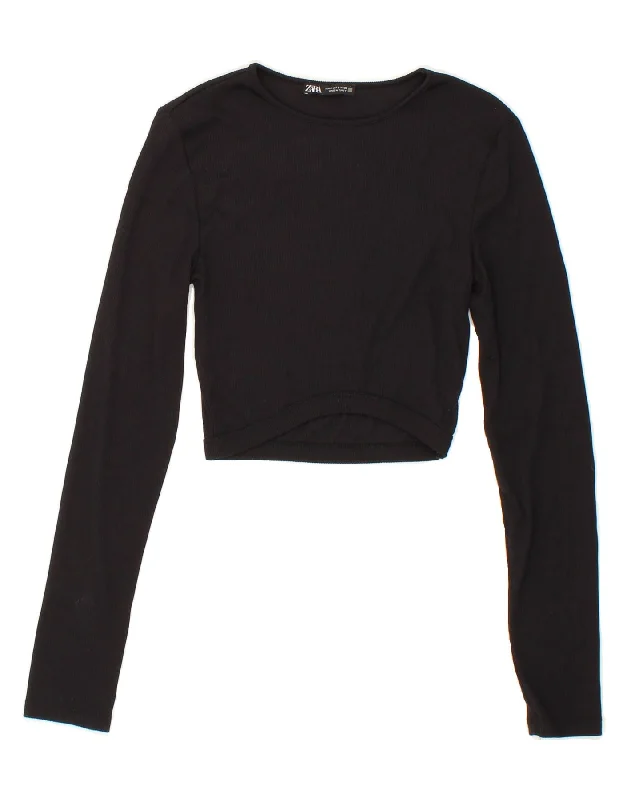 ZARA Womens Crop Boat Neck Jumper Sweater UK 8 Small Black Polyester