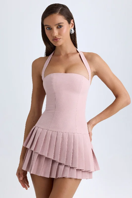 Best Deals Asymmetric Layered Halterneck Mini Dress in Pink Mauve