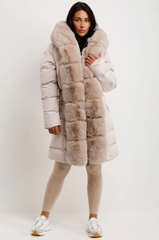 Beige Long Puffer Padded Coat With Faux Fur Hood And Trim