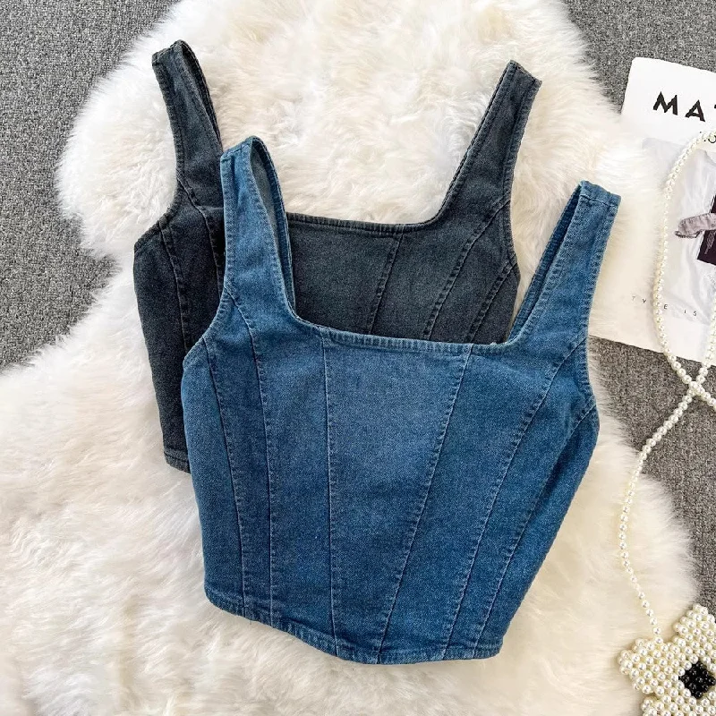Steals and Deals short denim women's outer wear zipper backless top      S4049