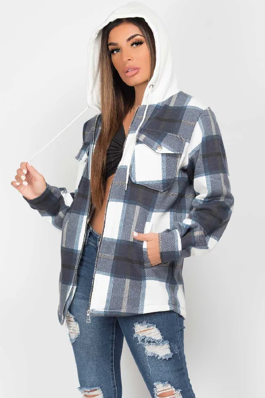 Exclusive Savings Check Hooded Shacket Navy
