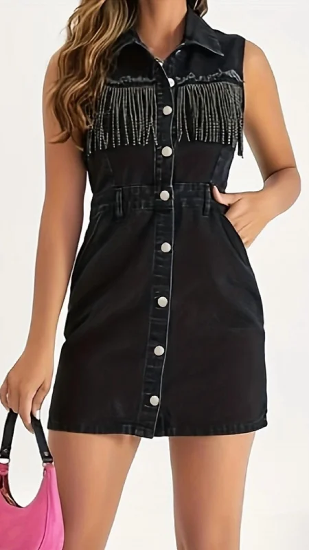 Pocket Rhinestone Fringe Sleeveless Denim Dress In Black