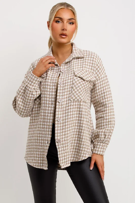 Overstock Dogtooth Shacket With Button Front Beige