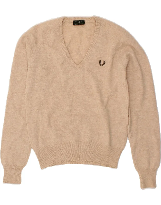 FRED PERRY Womens V-Neck Jumper Sweater UK 10 Small Beige Wool