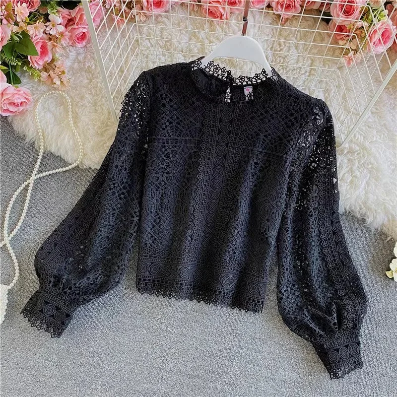 Markdowns solid color long-sleeved top with lace for women     S4019