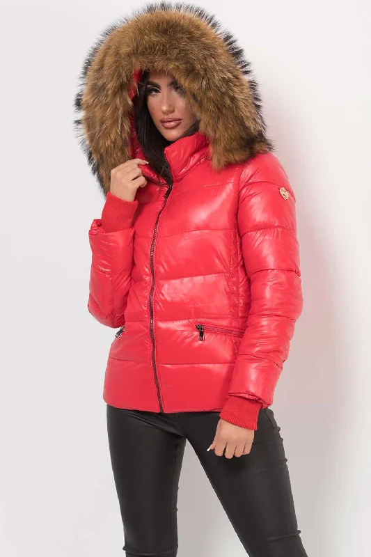 Puffer Jacket With Real Fur Hood Red