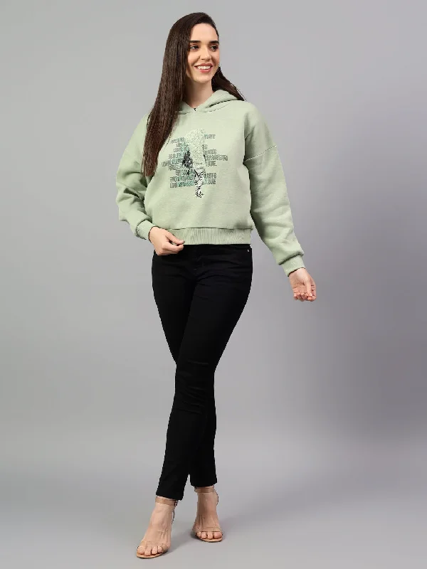 Deal Explosion Women's Sea Green Printed Hoody Neck Crop Sweatshirt
