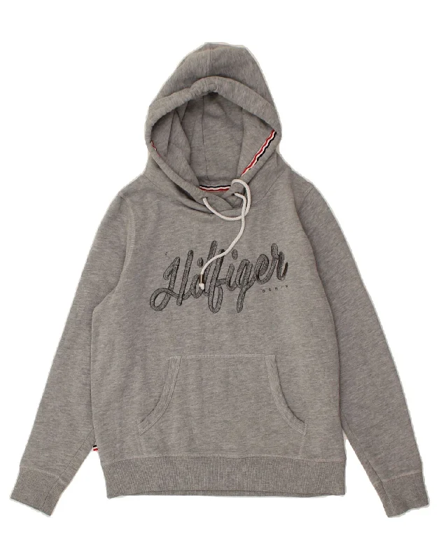 Discount Days TOMMY HILFIGER Womens Graphic Hoodie Jumper UK 14 Medium Grey Cotton
