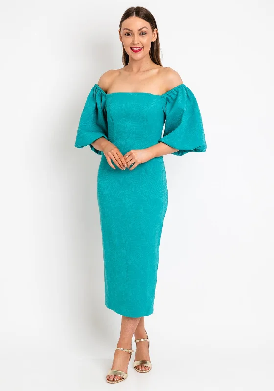 Casting Embossed Leaf Print Midi Pencil Dress, Turquoise