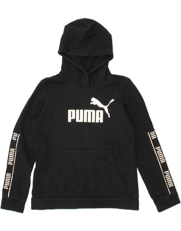 PUMA Womens Graphic Hoodie Jumper UK 14 Medium Black Cotton