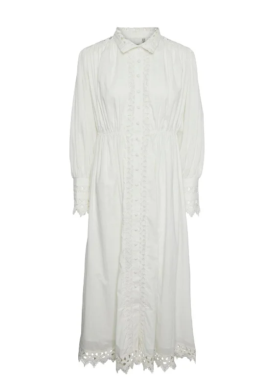 Discount Mania Y.A.S Trima Broidery Maxi Shirt Dress, Star White