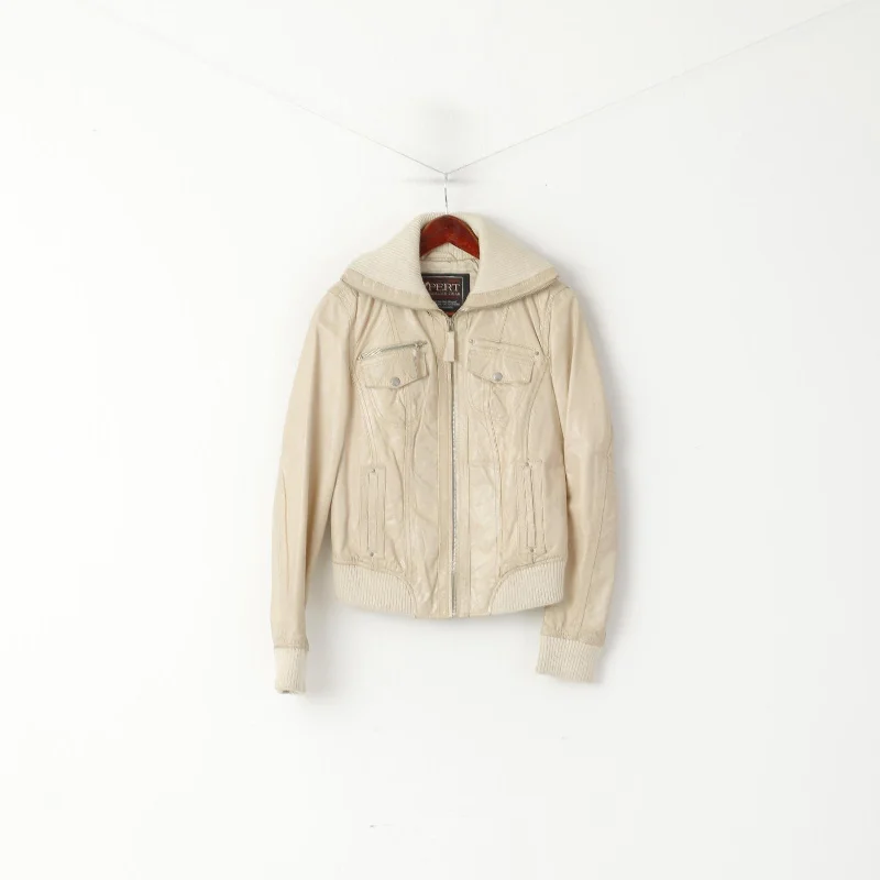 Limited Availability Xpert Women L (M) Jacket Beige Leather Biker Vintage Full Zipper Stand Up Collar Top