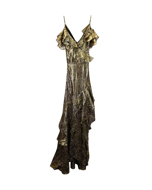 Peter Pilotto V-Neck Ruffled Dress in Gold Silk