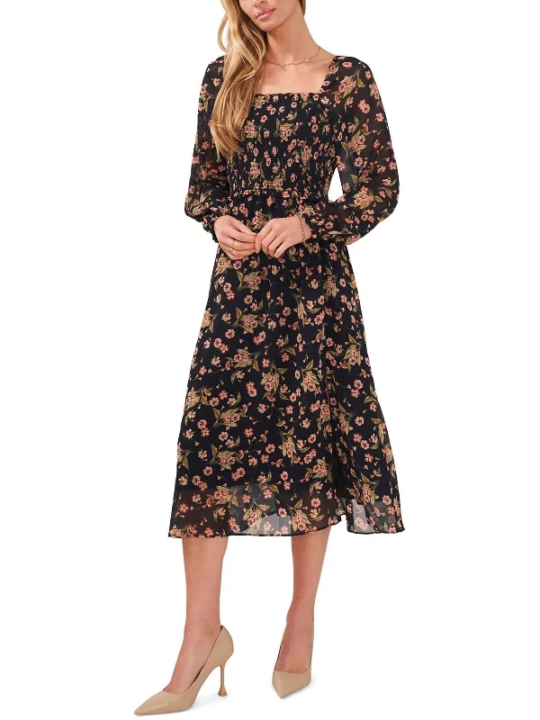 Womens Floral Square Neck Midi Dress