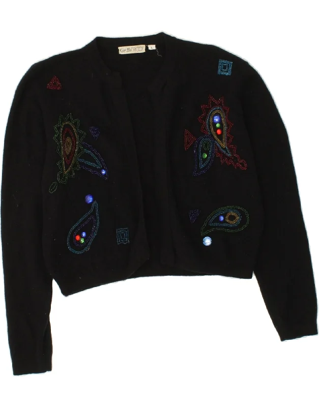 Price Cut VINTAGE Womens Crop Open Cardigan Sweater UK 16 Large Black Lambswool