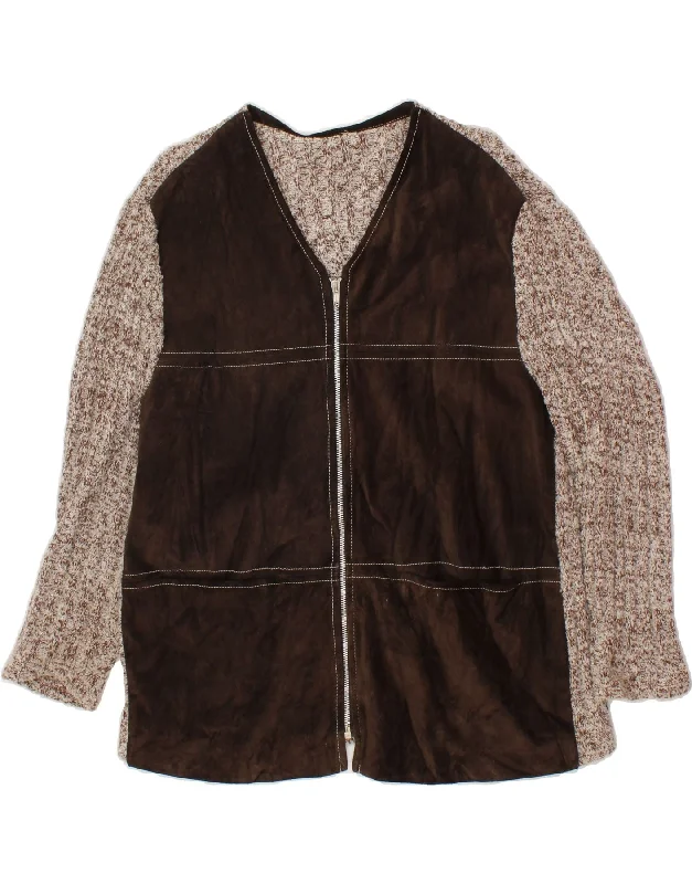 Daily Deals VINTAGE Womens 3/4 Sleeve Cardigan Sweater UK 14 Large Brown Colourblock