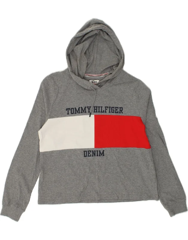 Grand Opening Sale TOMMY HILFIGER Womens Graphic Hoodie Jumper UK 14 Medium Grey Colourblock