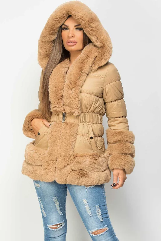 Warehouse Sale Faux Fur Trim Puffer Hooded Down Jacket With Belt Camel