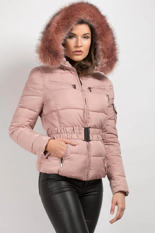 Online Only Pink Faux Fur Hooded Puffer Coat With Belt