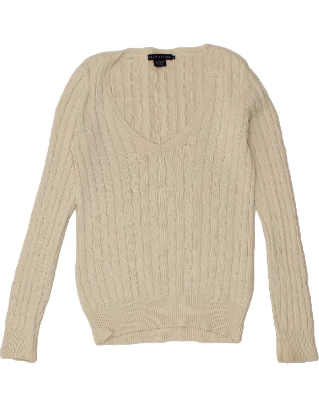 Quick Sale RALPH LAUREN Womens V-Neck Jumper Sweater UK 14 Medium Off White Cotton