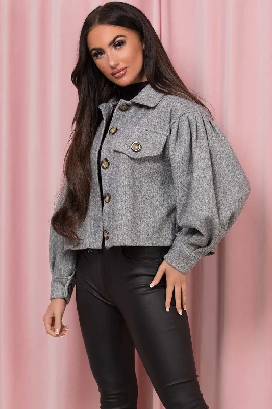 Final Clearance Grey Cropped Shacket Jacket With Puff Sleeves