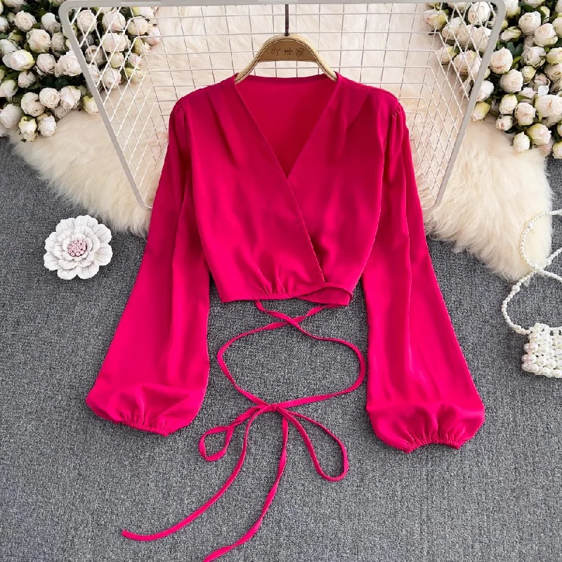 Reduced Prices Deep V Neck Puff Sleeve Shirt Women's Fashionable and Chic Short Top S4225 Reduced Prices Deep V Neck Puff Sleeve Shirt Women's Fashionable and Chic Short Top S4225
