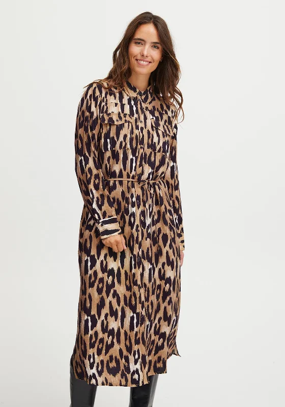 Fransa Leoni Leopard Print Midi Shirt Dress, Brown