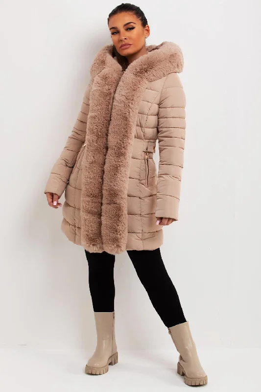Limited Availability Puffer Padded Coat With Faux Fur Hood Beige