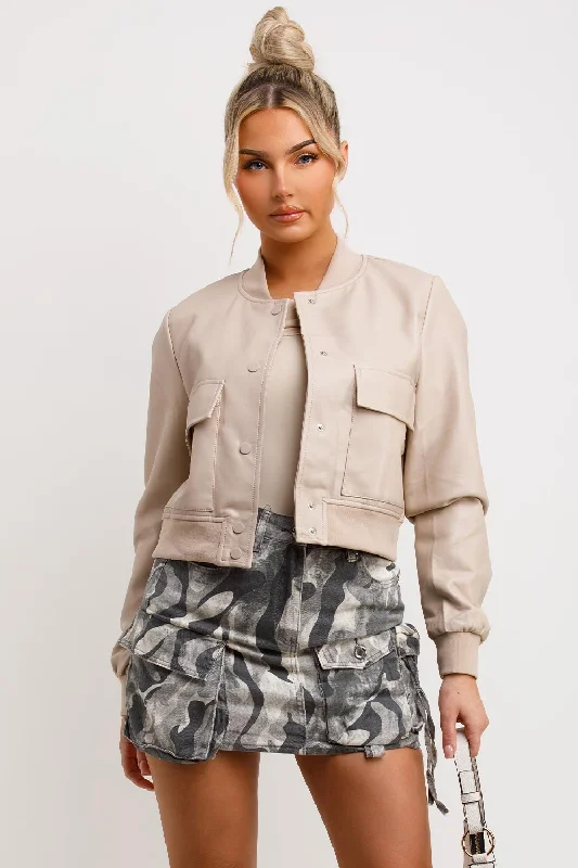 Special Buy Beige Faux Leather Bomber Jacket