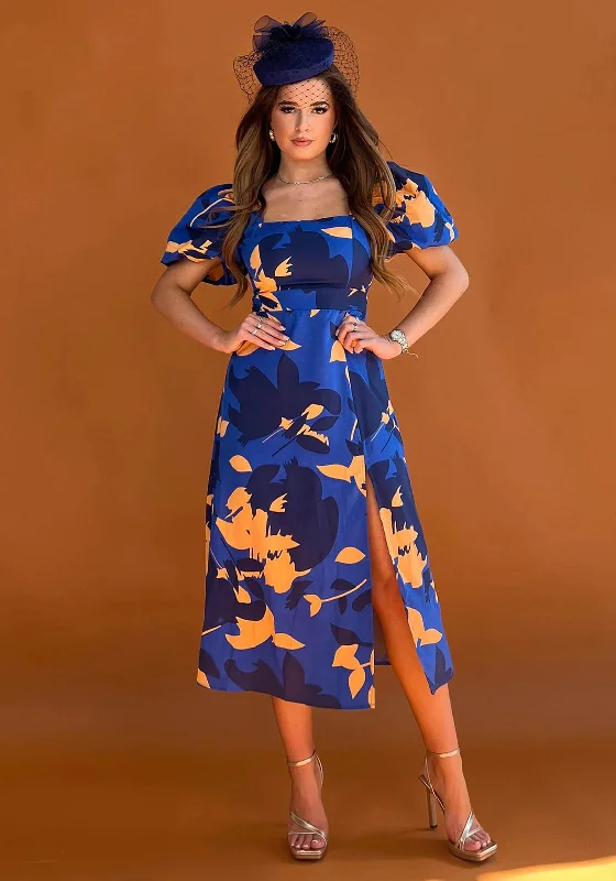 Girl In Mind Chanice Square Neck Floral Midi Dress, Cobalt Blue & Orange