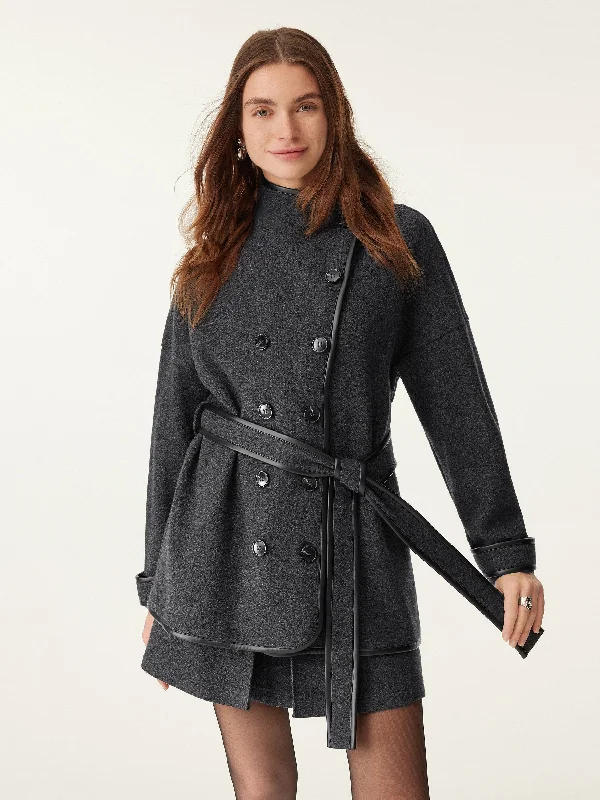 Eco-Leather Trimmed Coat With Belt